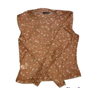 Brown Sheer Floral Long Sleeve T Shirt